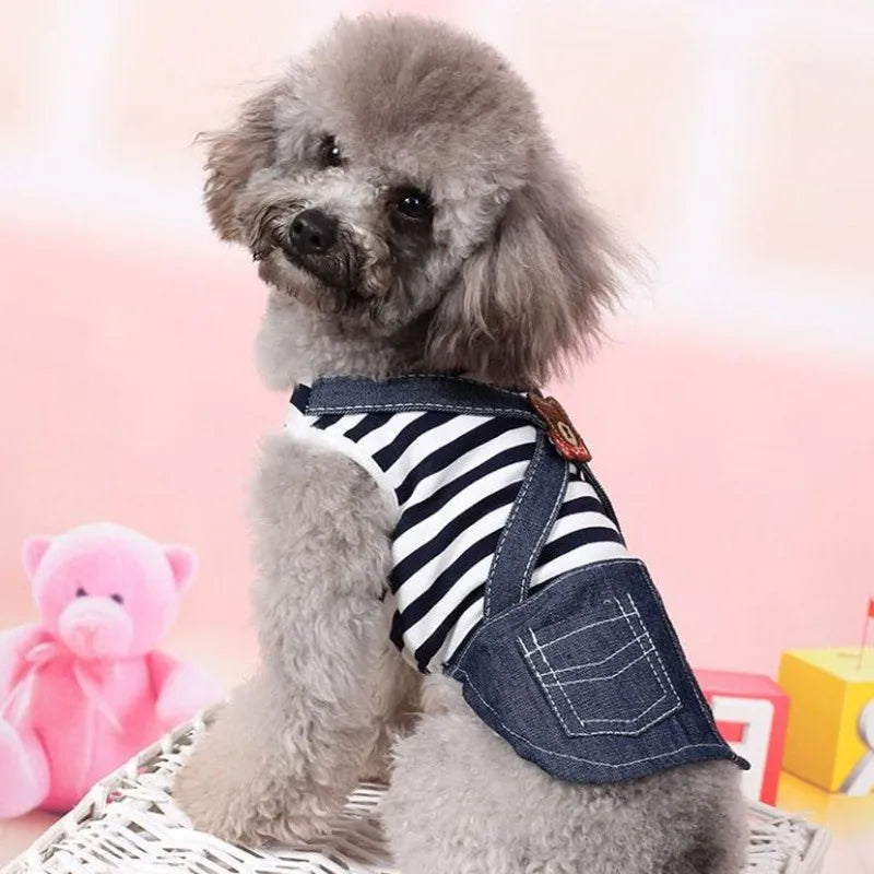 Vestido Estilo Jardineira com Blusa Listrada para Cães