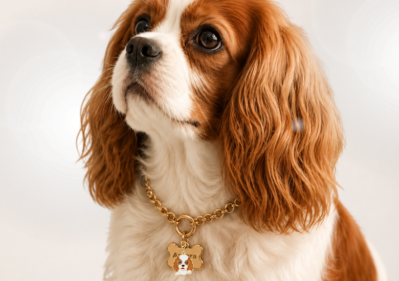 Cavalier usando uma coleira personalizada com nome e telefone
