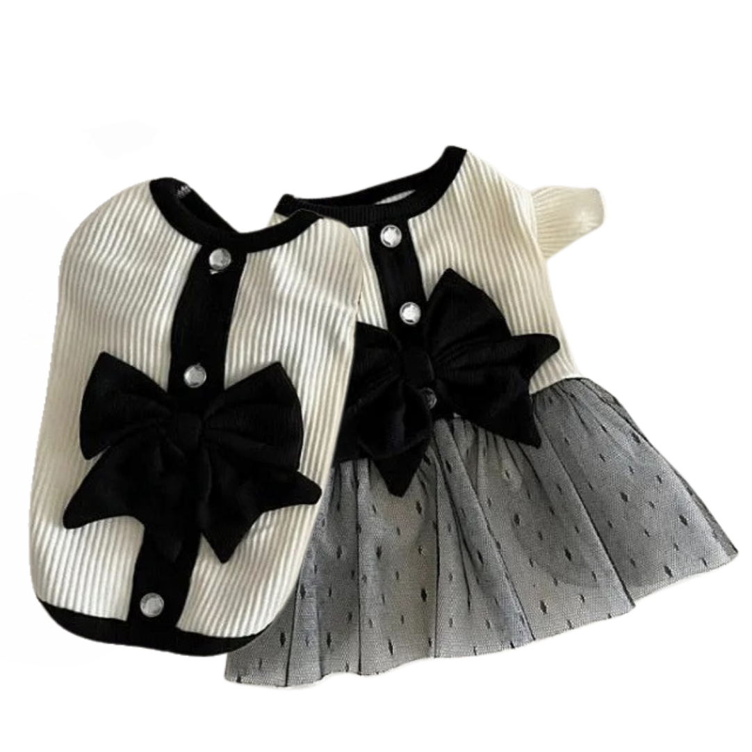 Conjunto Clássico Pet- Vestido e Blusa com Laço Preto e Branco