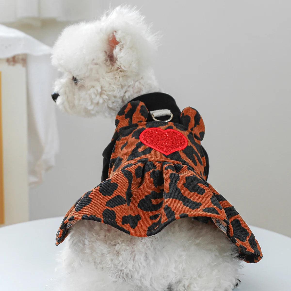 1PC Pet Apparel Dog Spring and Autumn Leopard Pattern Strap Princess Dress With Drawstring Buckle For Small Medium Dogs - Bicho de Pata