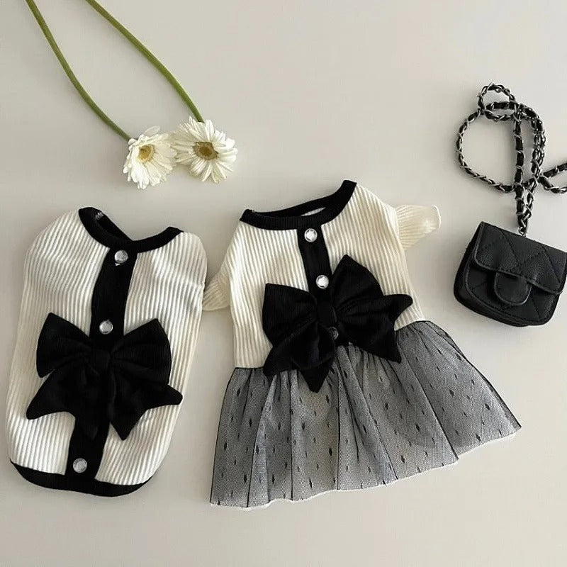 Conjunto Clássico Pet- Vestido e Blusa com Laço Preto e Branco